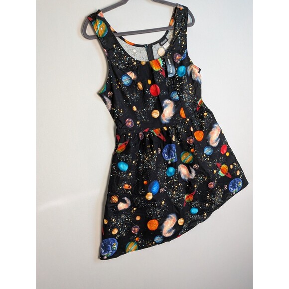 Retrolicious Black Fit & Flare Space Print Sleeveless Dress L Planets Galaxies - Picture 2 of 10